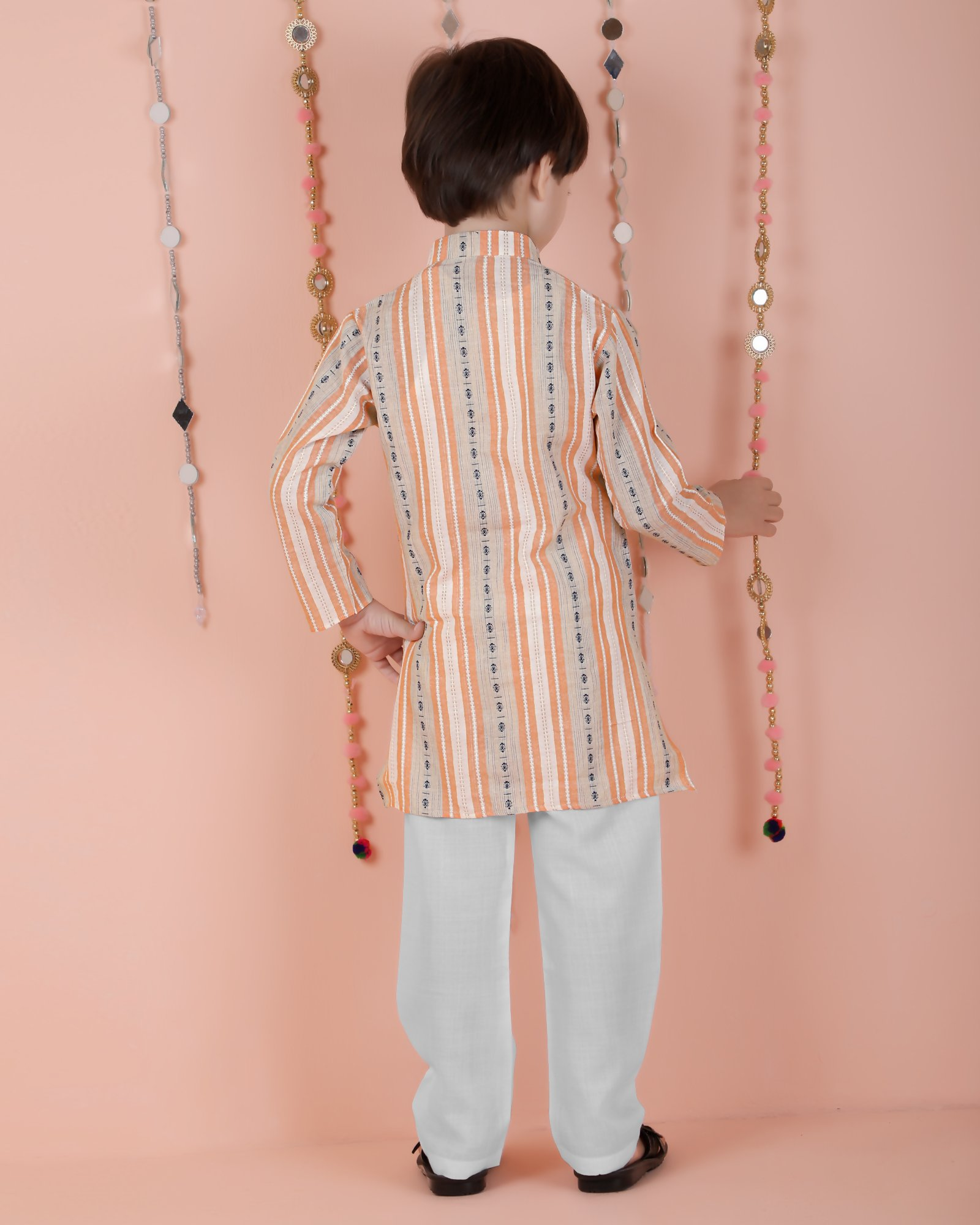 Kids Orange Striped Cotton Kurta and Pyjama Set - Full Sleeves