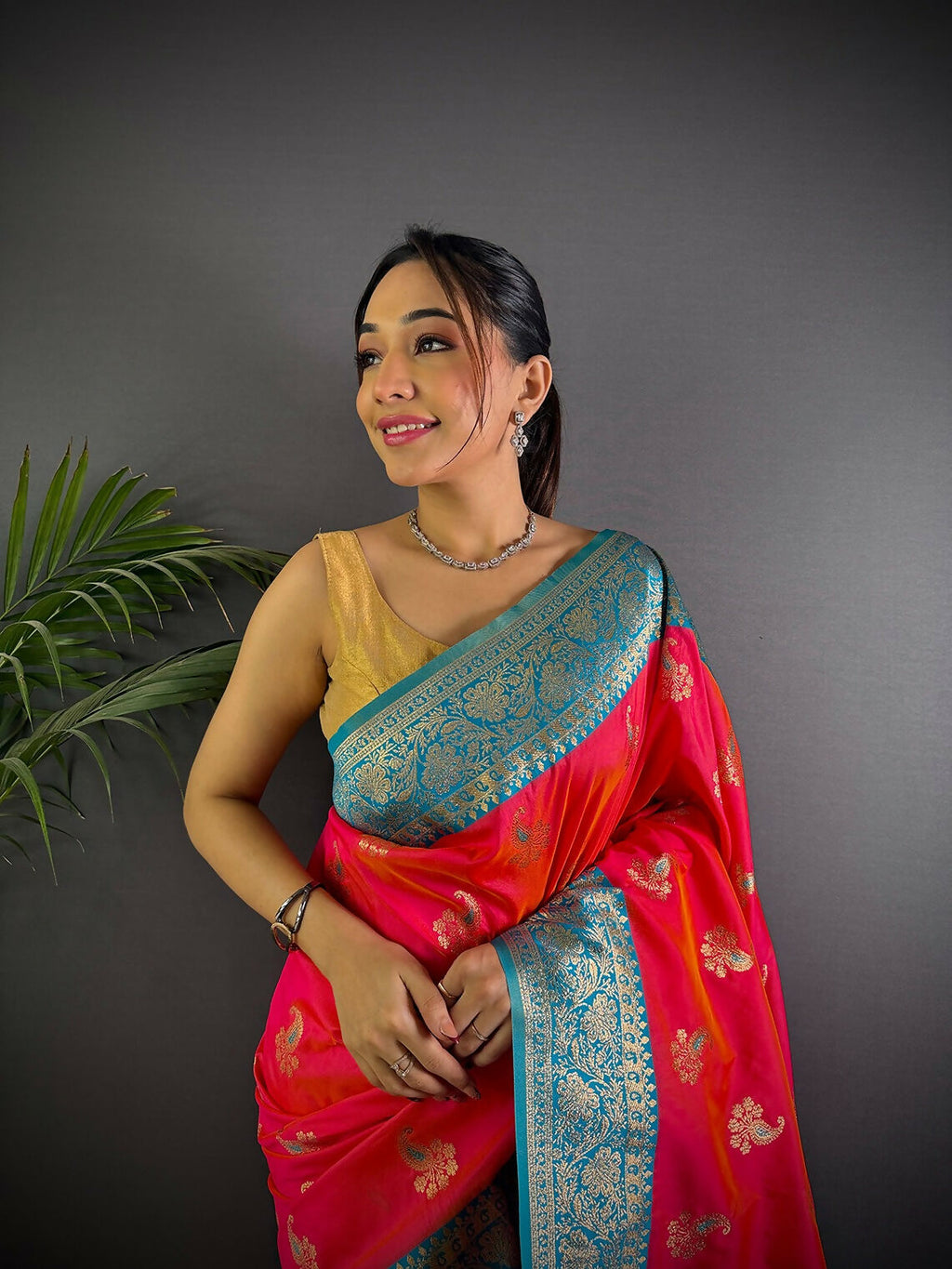 Hot Pink Banarasi Soft Silk Saree with Woven Butti Work