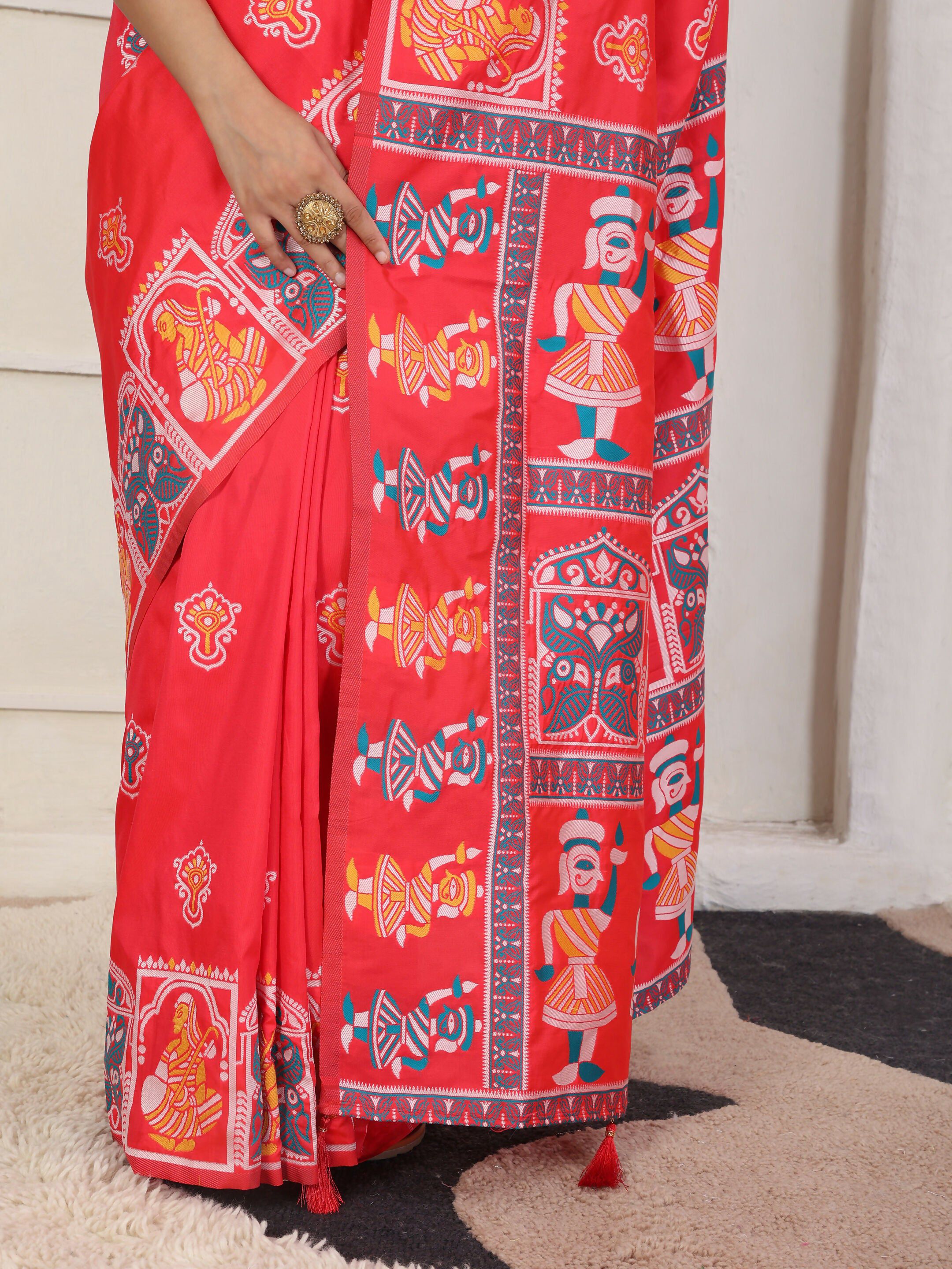Red Silk Blend Saree with Matching Blouse Piece