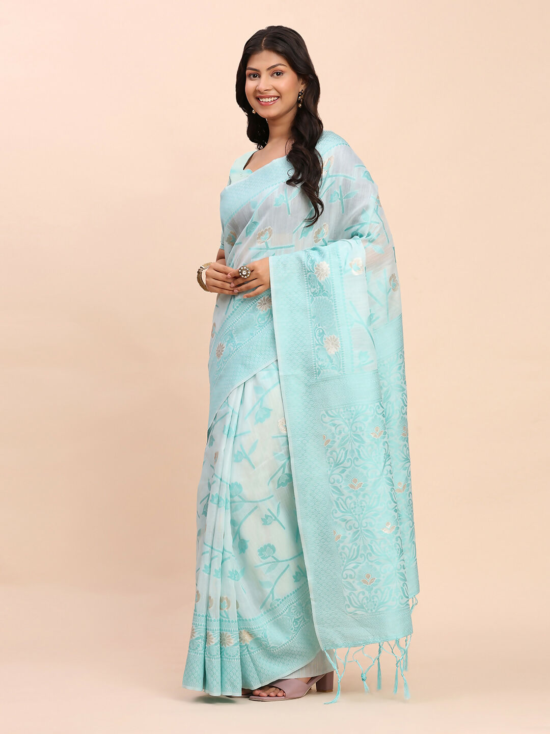 Classic Sky Blue Linen Cotton Saree with Matching Blouse