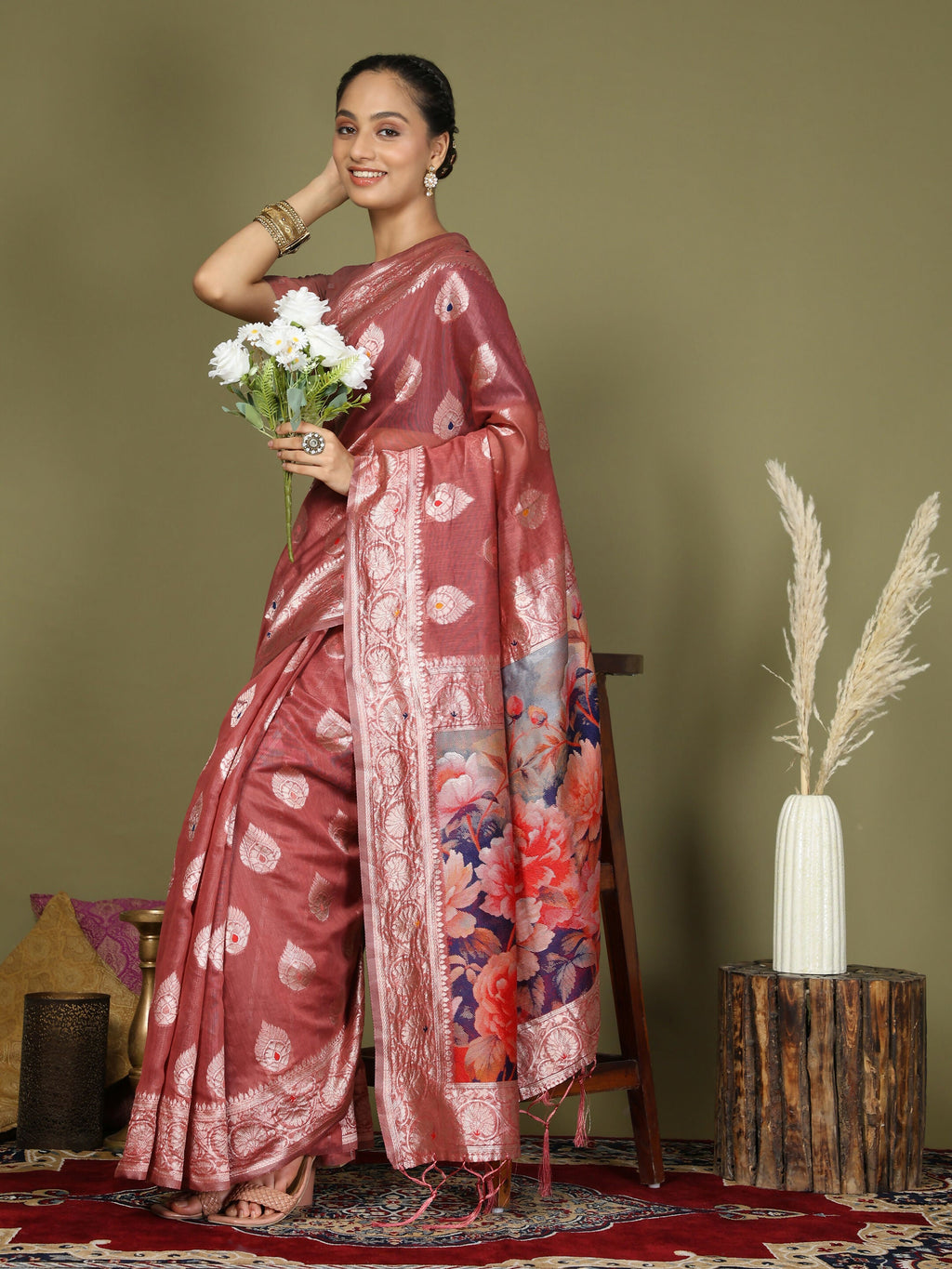 Shree Shyam Fashion Linen Cotton Rust Saree