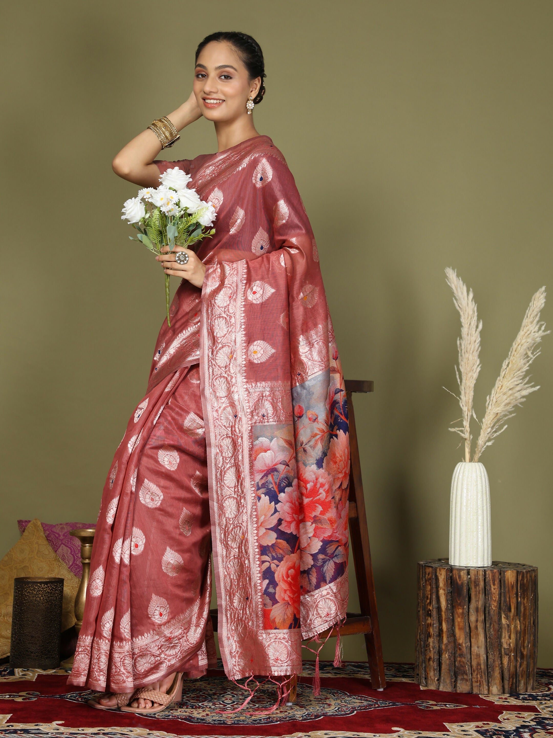 Shree Shyam Fashion Linen Cotton Rust Saree