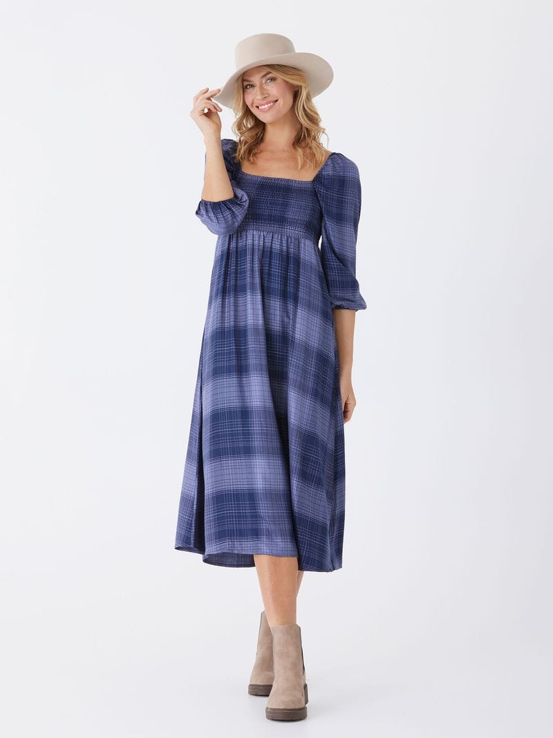 Faye Sierra Plaid Woven Midi Dress in Blue and Navy