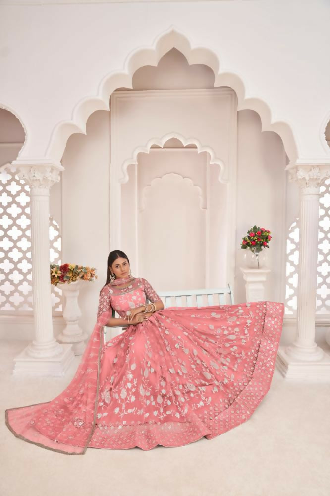 Gajari Butterfly Net Wedding Lehenga with Zari and Sequence Work
