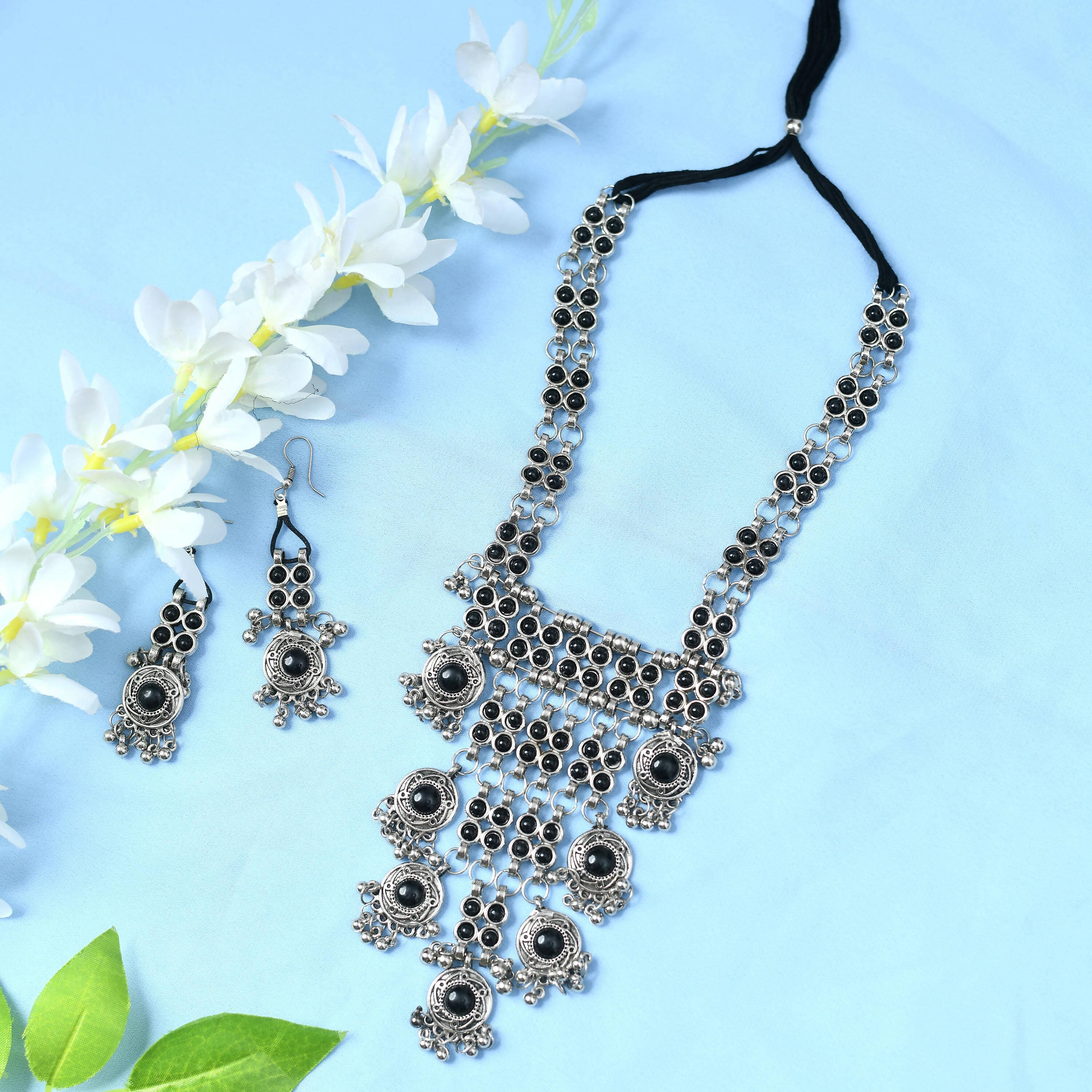 Black Kundan Afghani Long Necklace in Oxidised Silver Finish