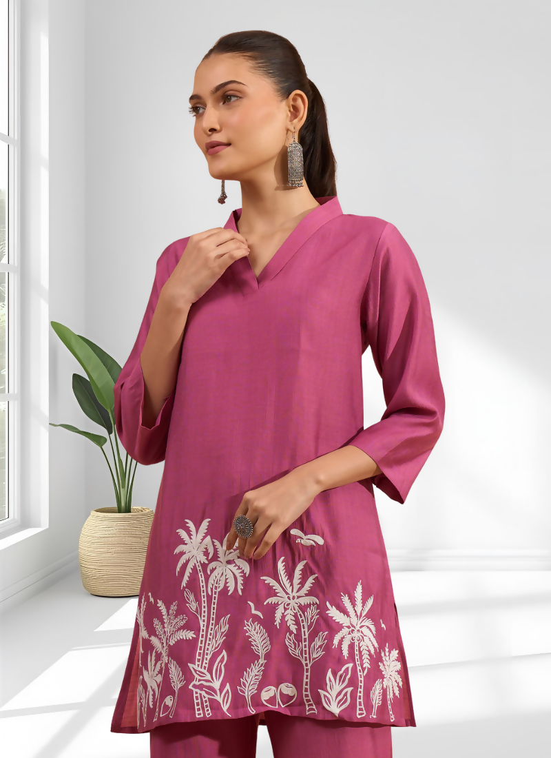 Pink Silk Embroidered V-Neck Co-ord Set