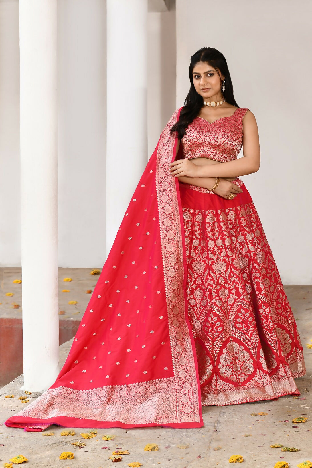Fuchsia Soft Pure Handloom Banarasi Silk Lehenga
