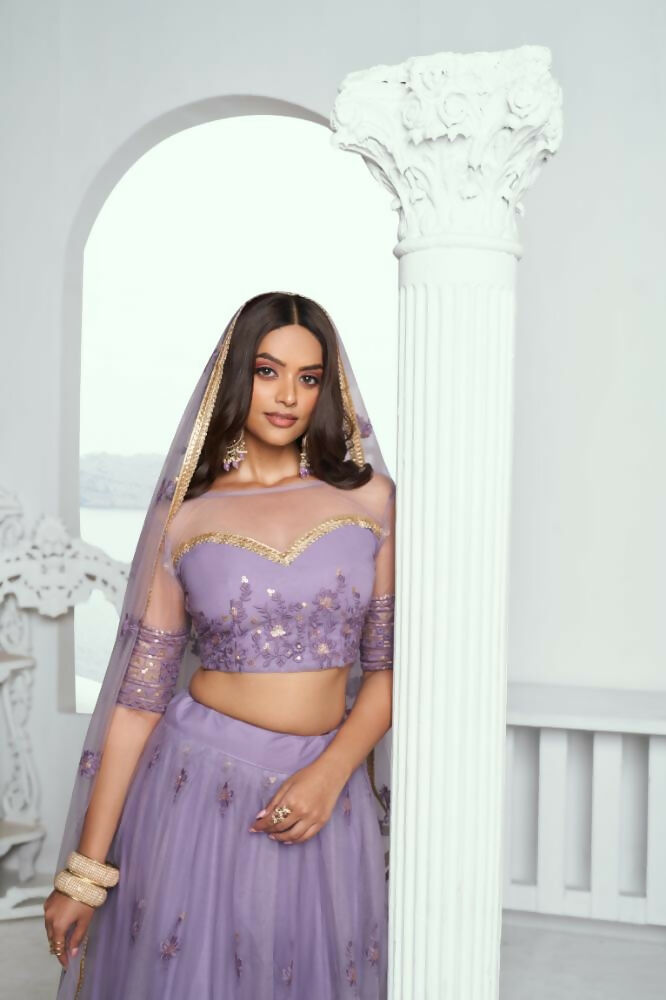 Lavender Butterfly Net Wedding Lehenga with Tone-to-Tone Embroidery