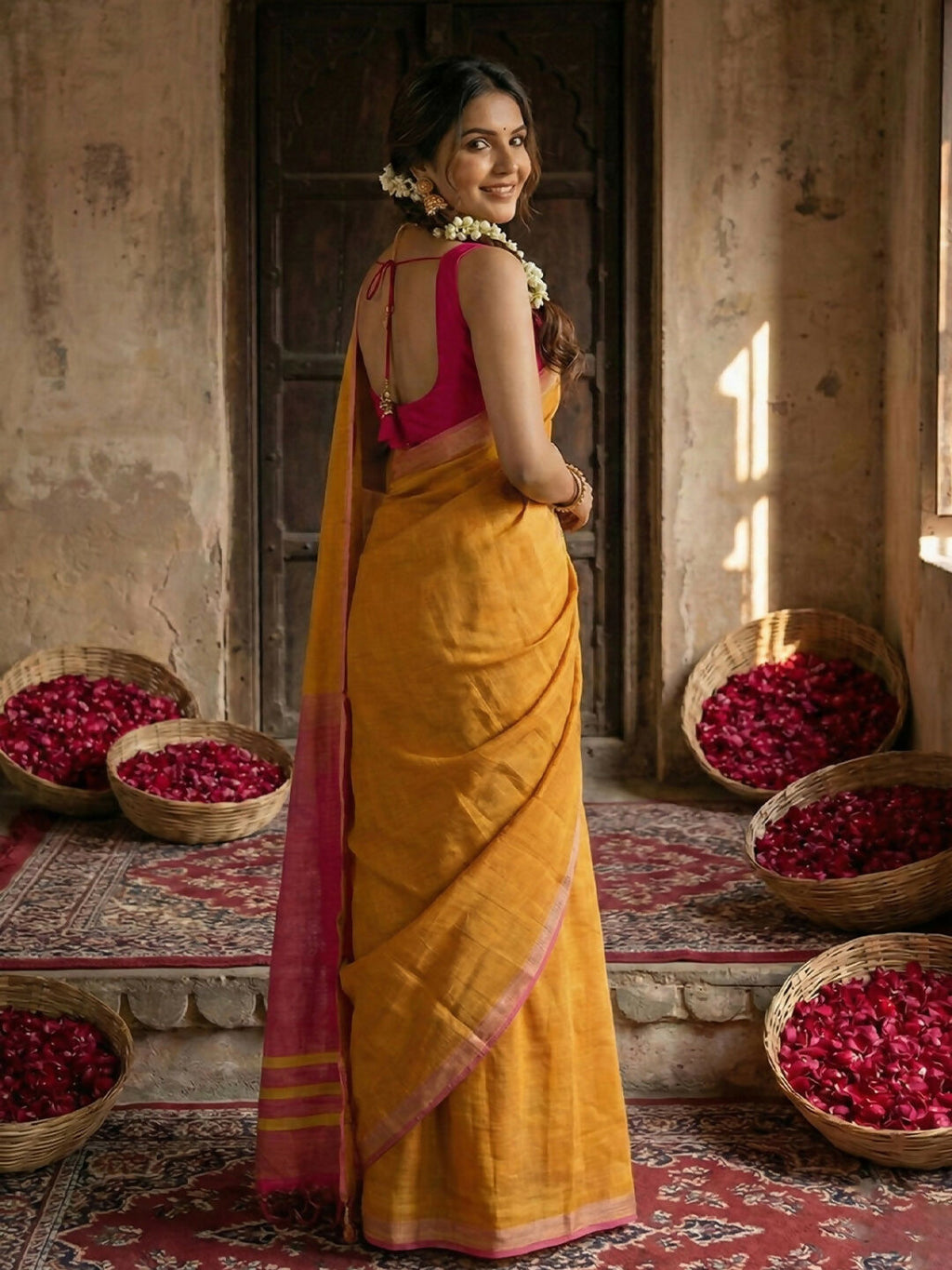 Gold Cotton Saree with Pink Blouse Traditional Ethnic Wear