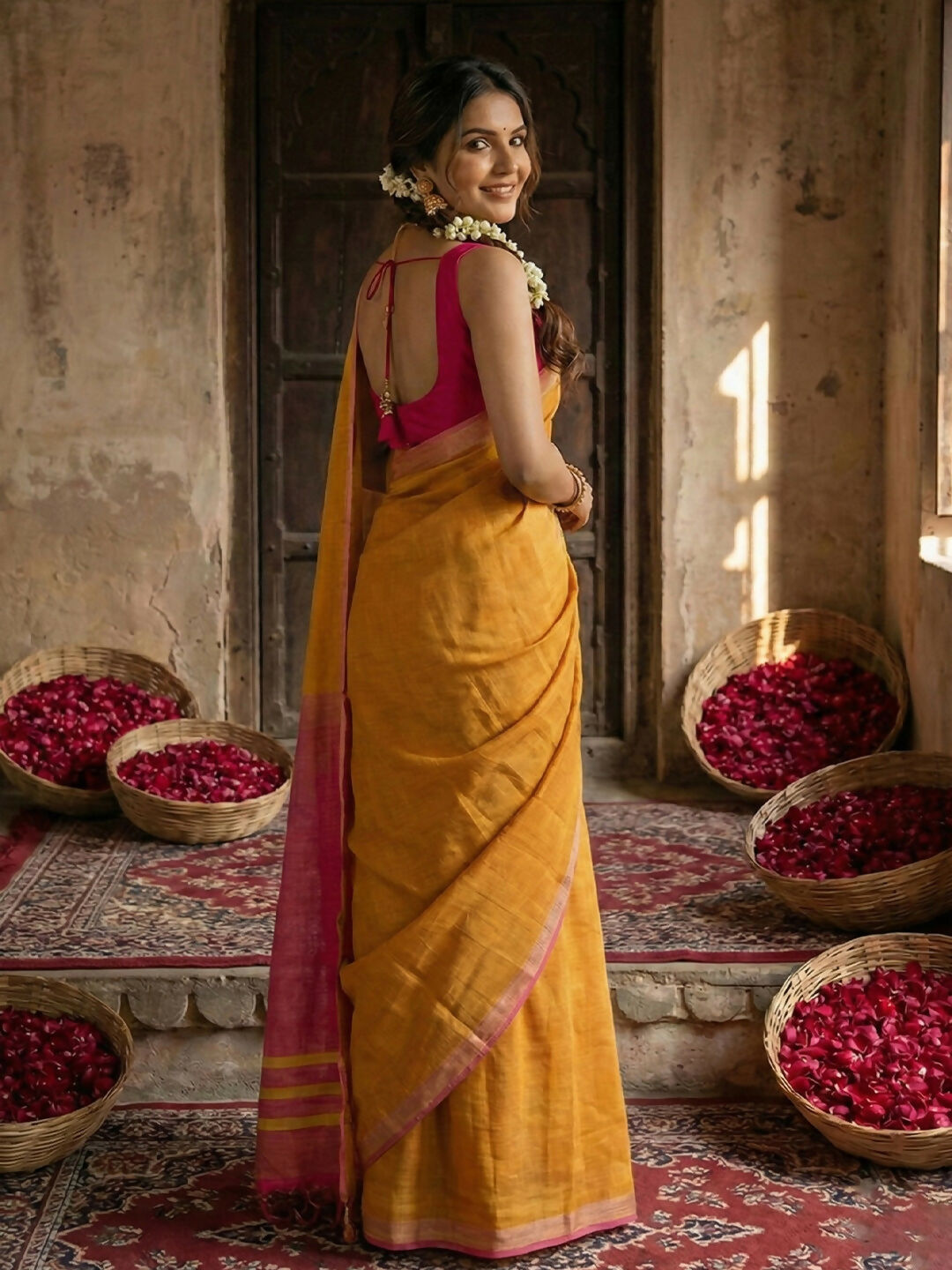 Gold Cotton Saree with Pink Blouse Traditional Ethnic Wear