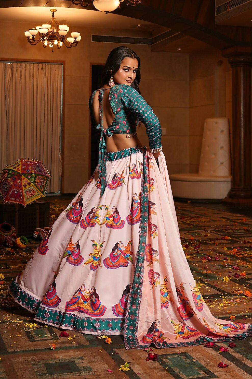 Light Pink and Teal Crepe Designer Navratri Lehenga Choli