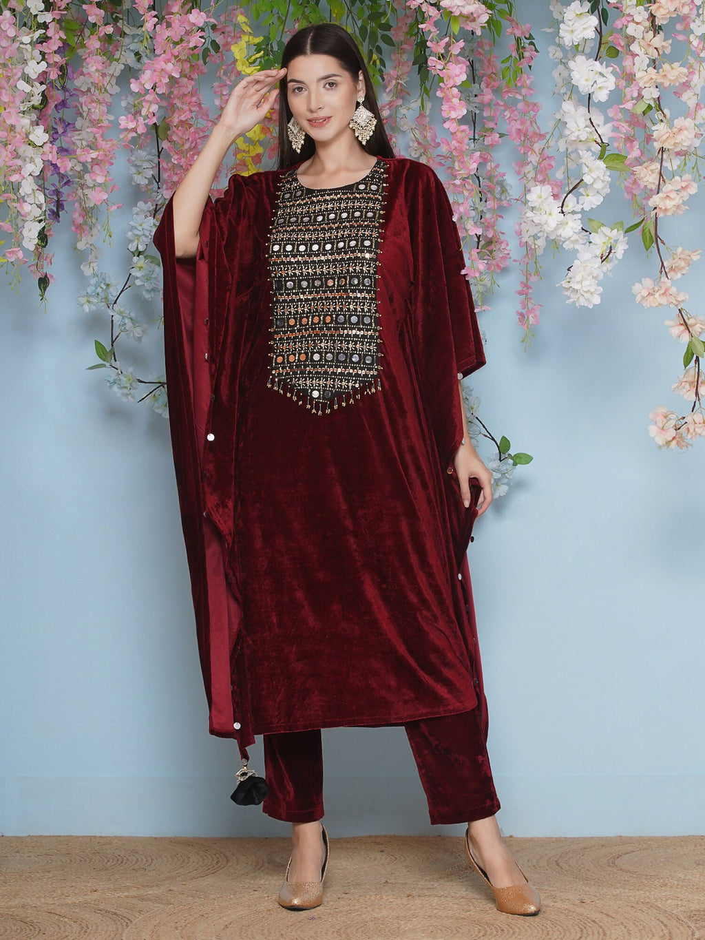 Maroon Velvet Hand Embellished Kaftaan Set - Luxury Ethnic Wear