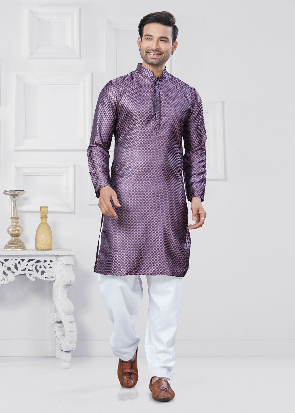 Toddler boy wearing a purple jacquard silk kurta pyjama set for traditional festivities