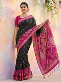 Classic black soft silk saree with matching blouse piece