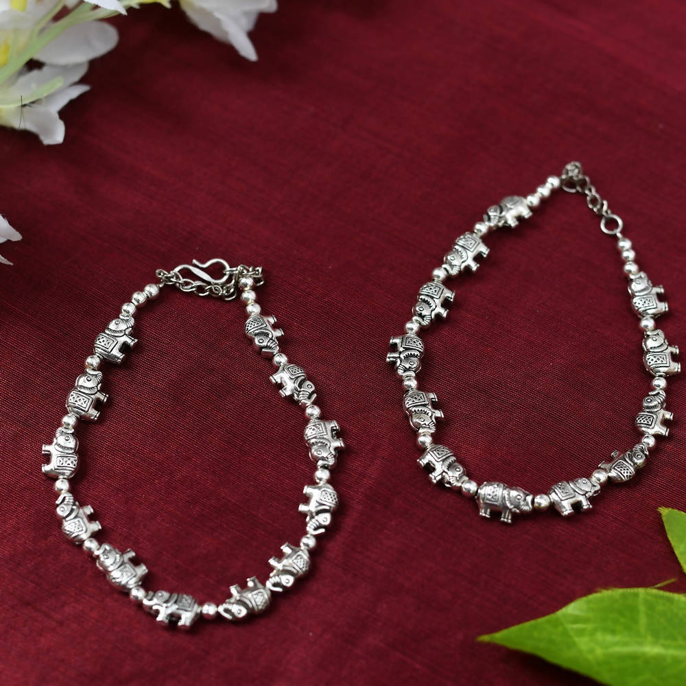Oxidised Silver Elephant Design Anklets for Women