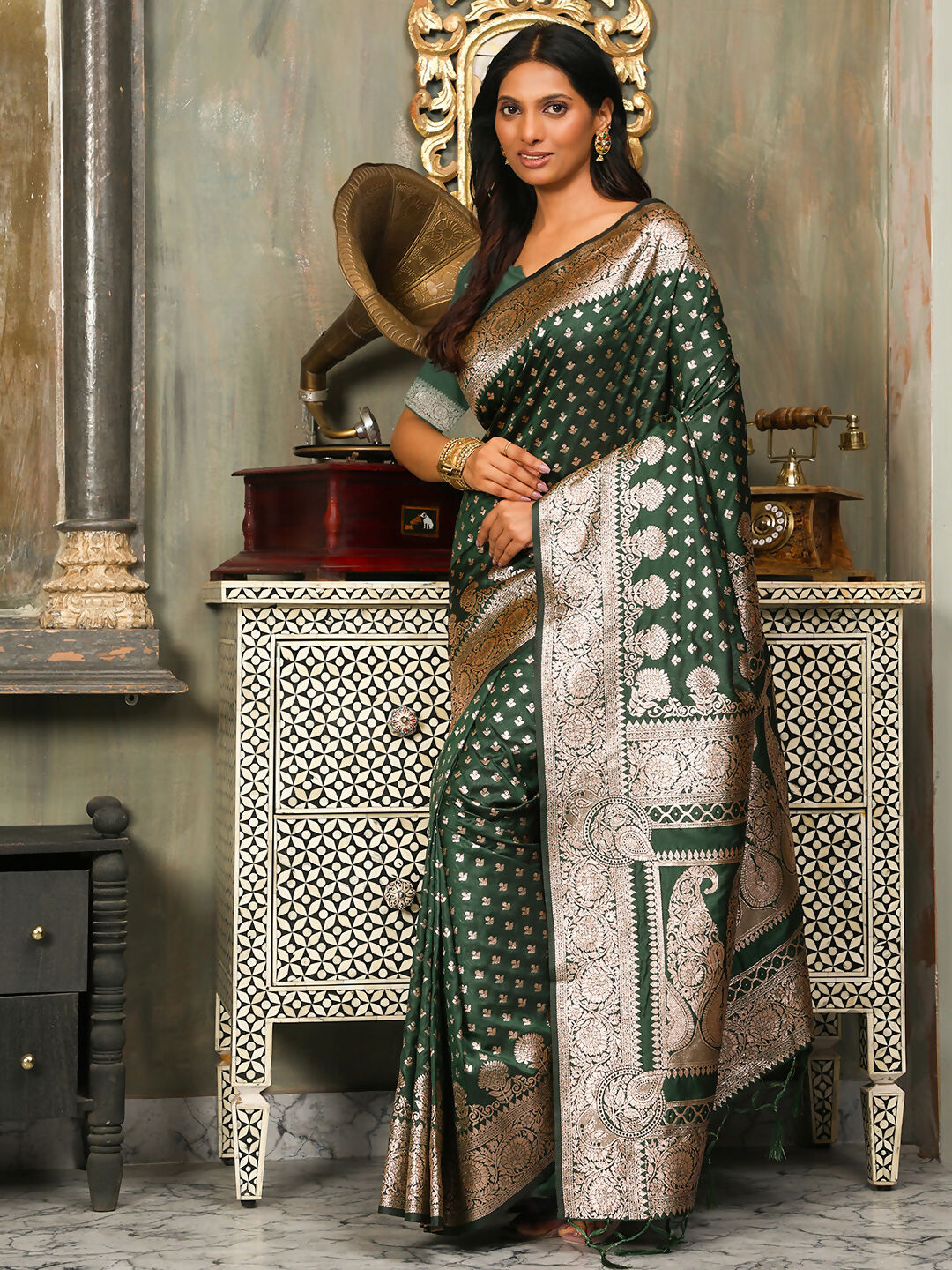 Dark Green Banarasi Silk Saree with Matching Blouse