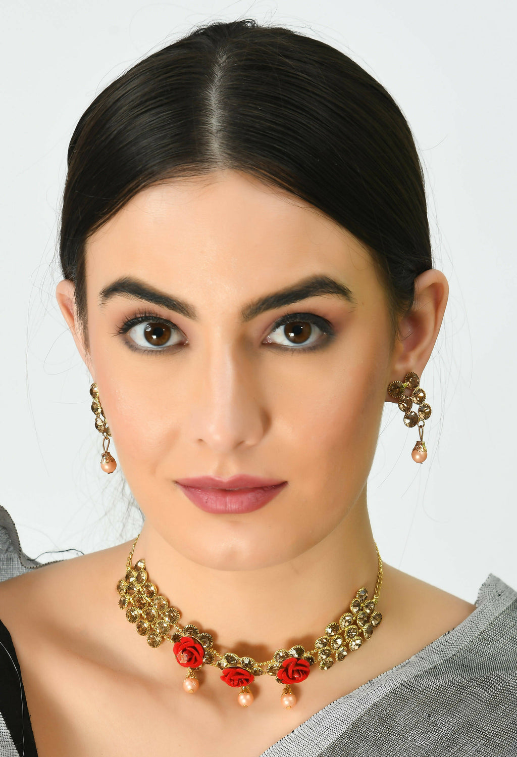 Gold-Polished Brass Stone and Pearl Embellished Choker Necklace