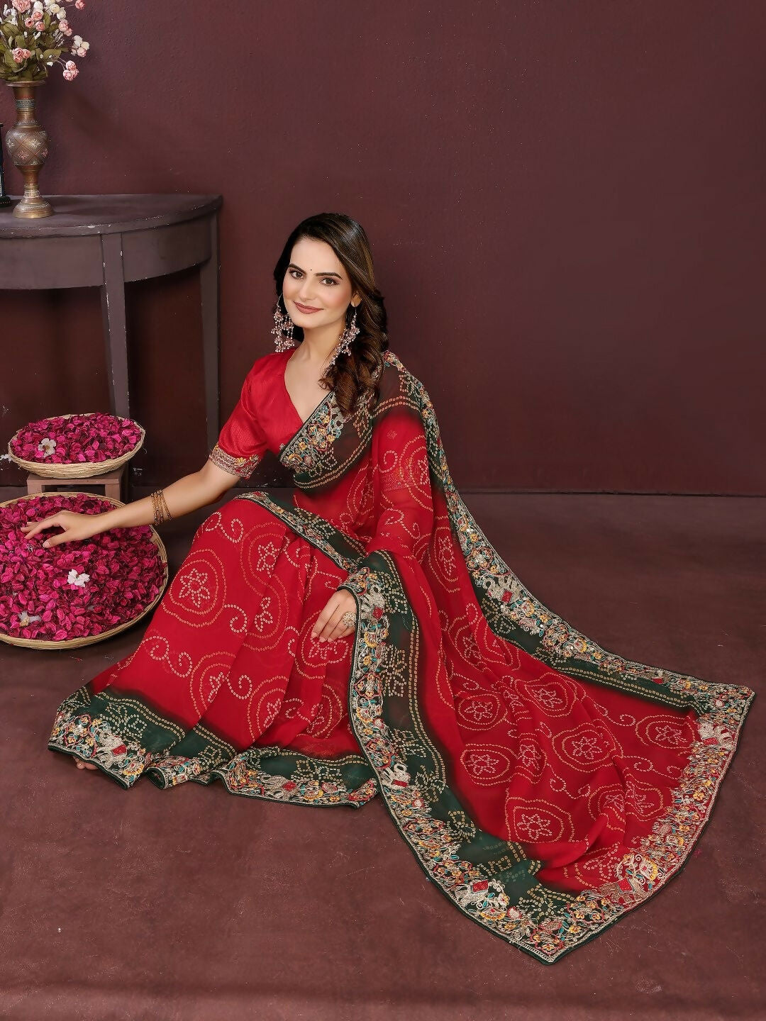 Red Georgette Digital Print Party Wear Saree with Matching Blouse