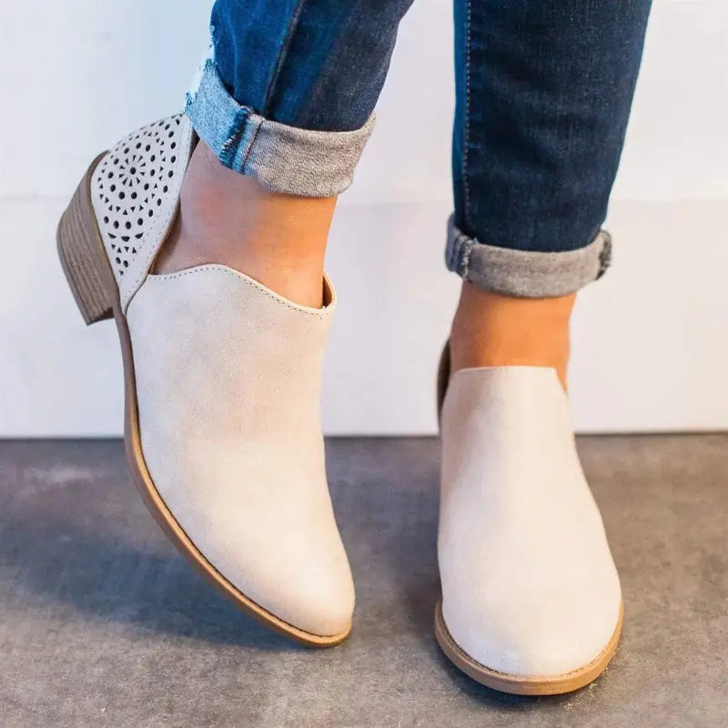 Women's Laser Cut Out Ankle Boots Low Block Heel Booties - Image 13