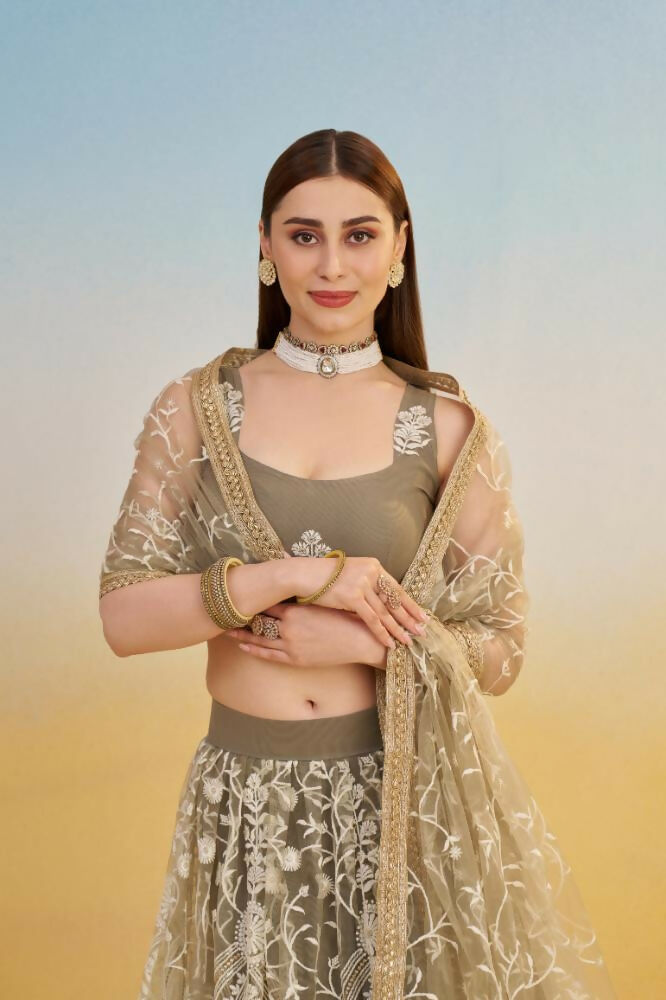 Ivory Butterfly Net Lehenga with Sequence and Thread Embroidery