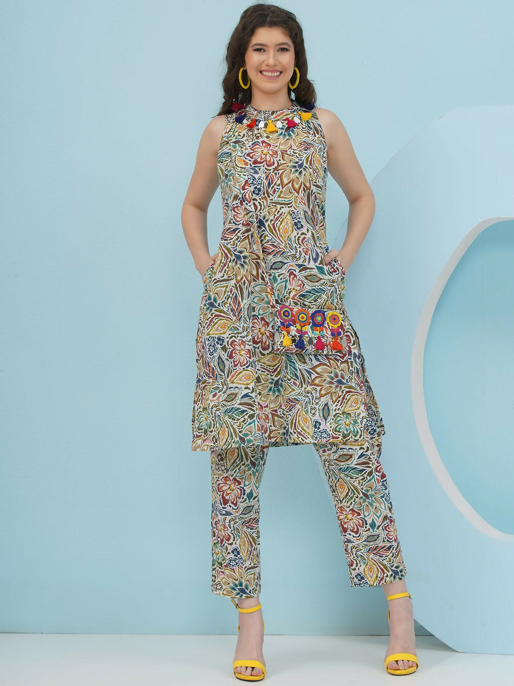 Floral Co-Ord Set with Embellished Sling Bag in Multi-Color Cotton