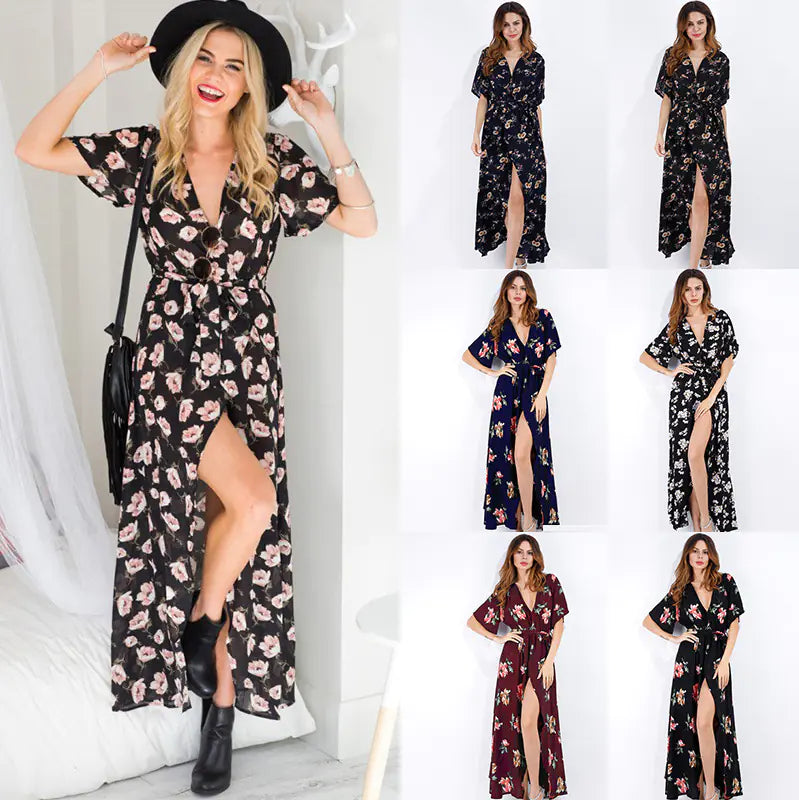 Women's Navy Blue Feather Print V-Neck Summer Maxi Dress - Image 18