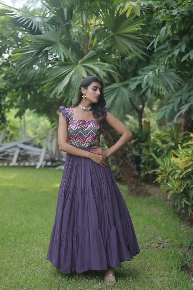 Wine Sequins Thread Embroidery Faux Georgette Anarkali Dress