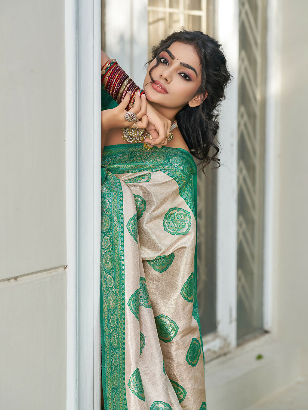 Cream and Sea Green Silk Blend Saree Elegant Ethnic Drape