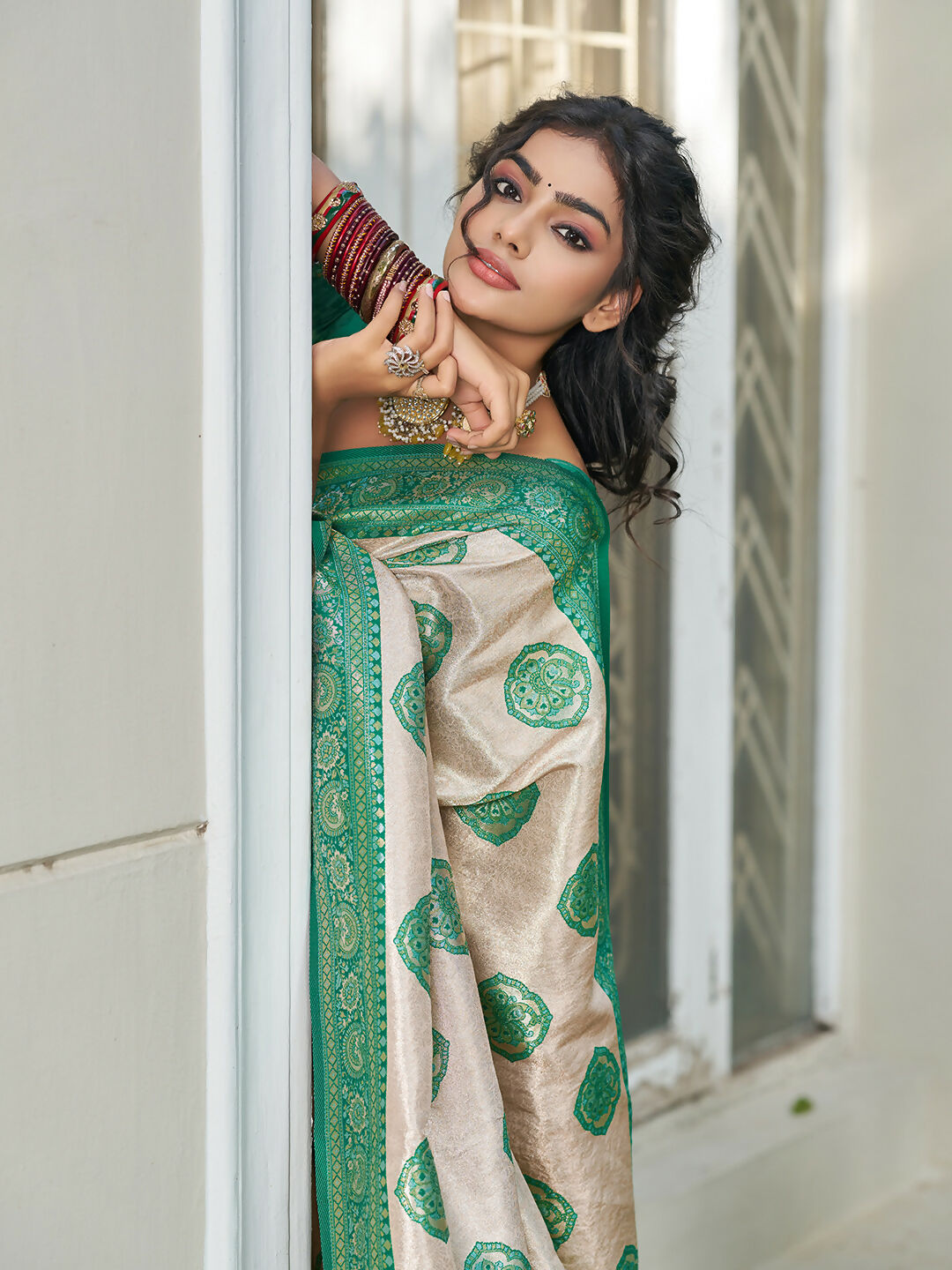 Cream and Sea Green Silk Blend Saree Elegant Ethnic Drape