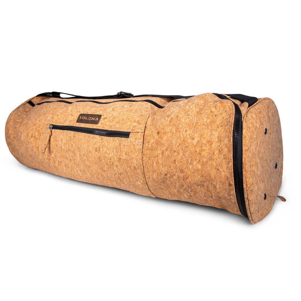 XL cork yoga mat bag in natural tan with black hardware and nylon accents