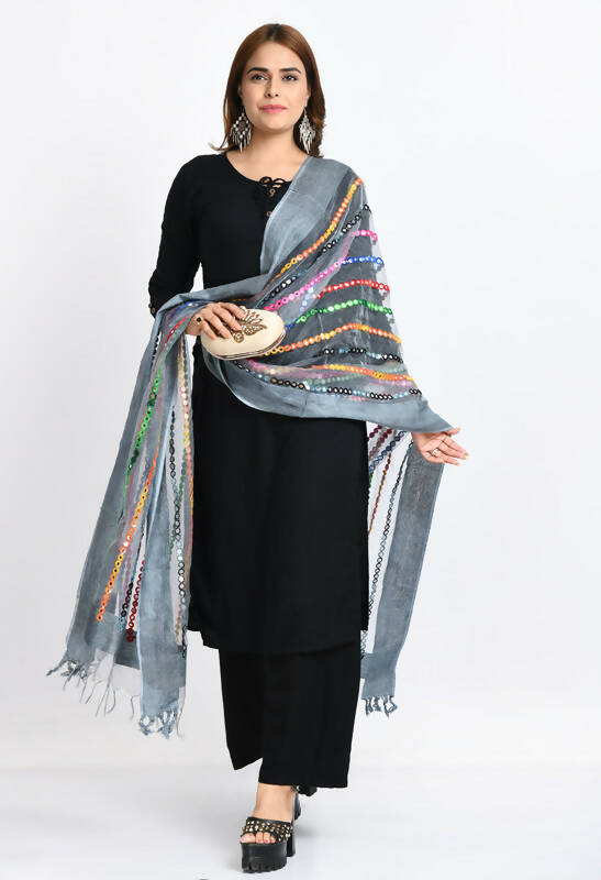 Grey Organza dupatta featuring intricate multi-thread embroidery and mirror work details.