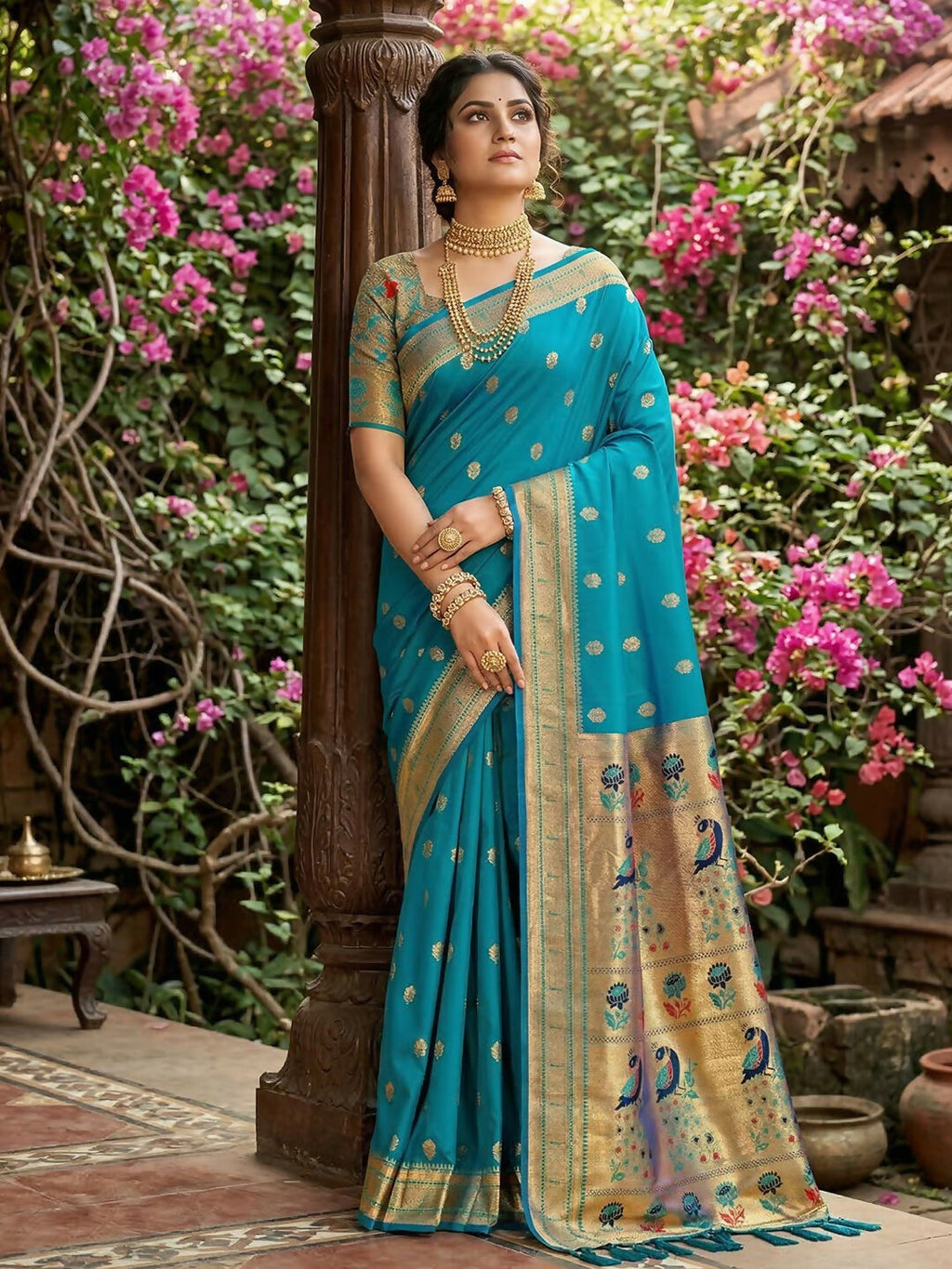 Sky blue soft silk saree with a luxurious drape and matching blouse fabric