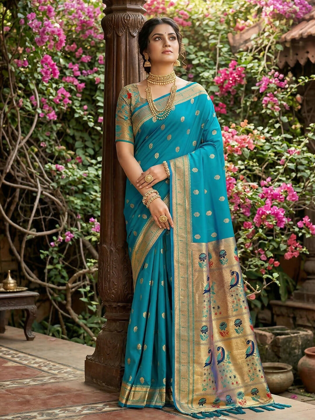 Sky blue soft silk saree with a luxurious drape and matching blouse fabric