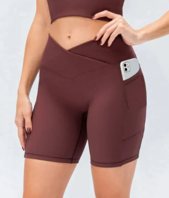 Women's Cross Waist Yoga Shorts with Pockets High Rise Activewear