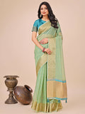 Elegant Green Organza Saree with matching blouse fabric.