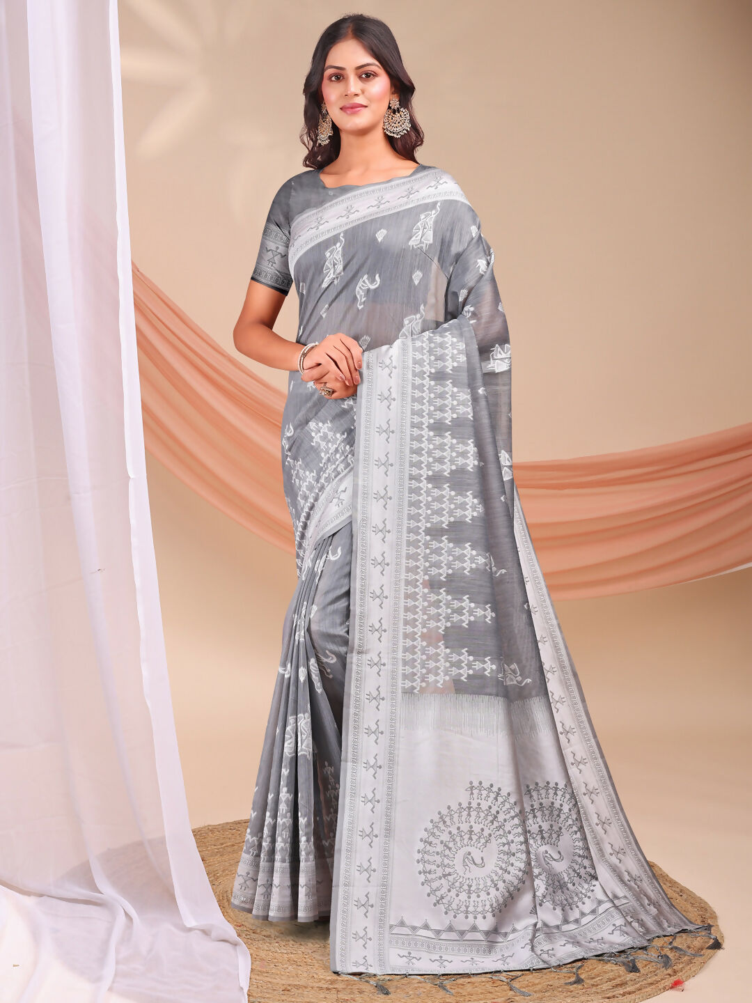 Varnika Grey Linen Cotton Saree with Matching Blouse Piece