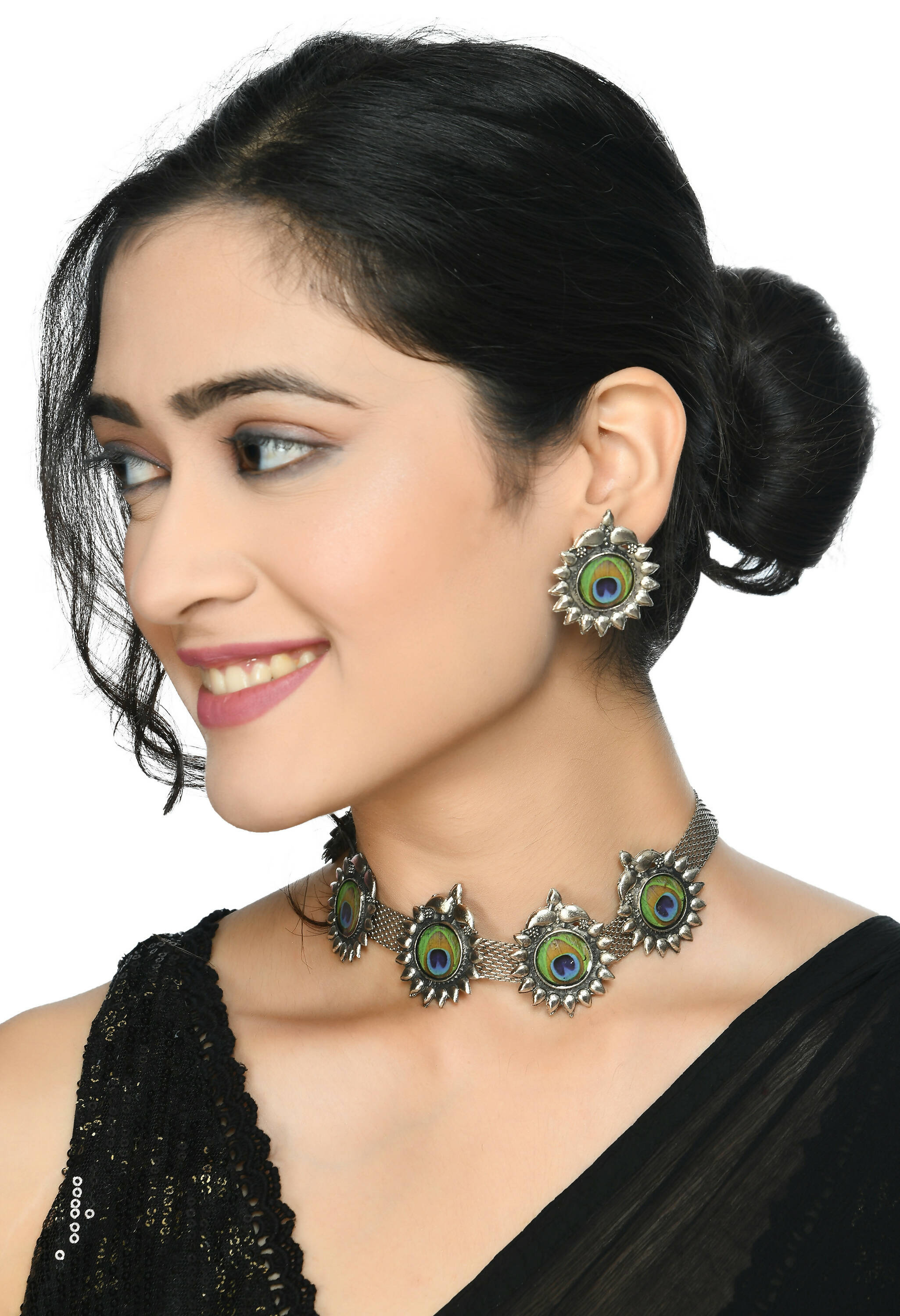 Oxidised Silver-Plated Peacock Wings Statement Choker