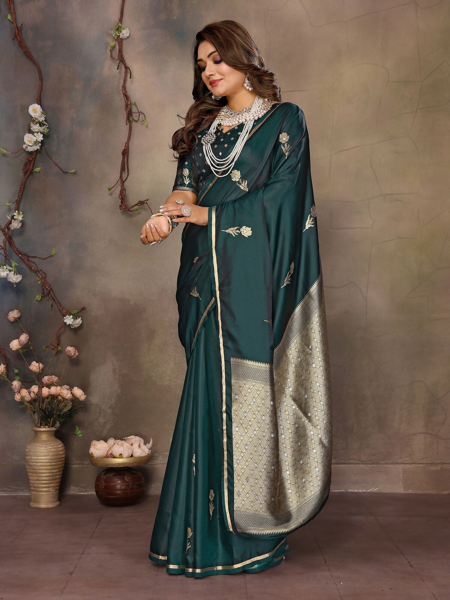 Dark Green Satin Silk Banarasi Saree with Floral Botanical Motifs