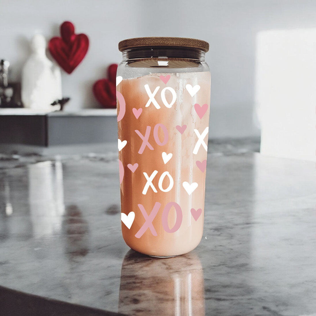 XOXO Glass Can Cup 20oz with Bamboo Lid and Glass Straw - Image 10