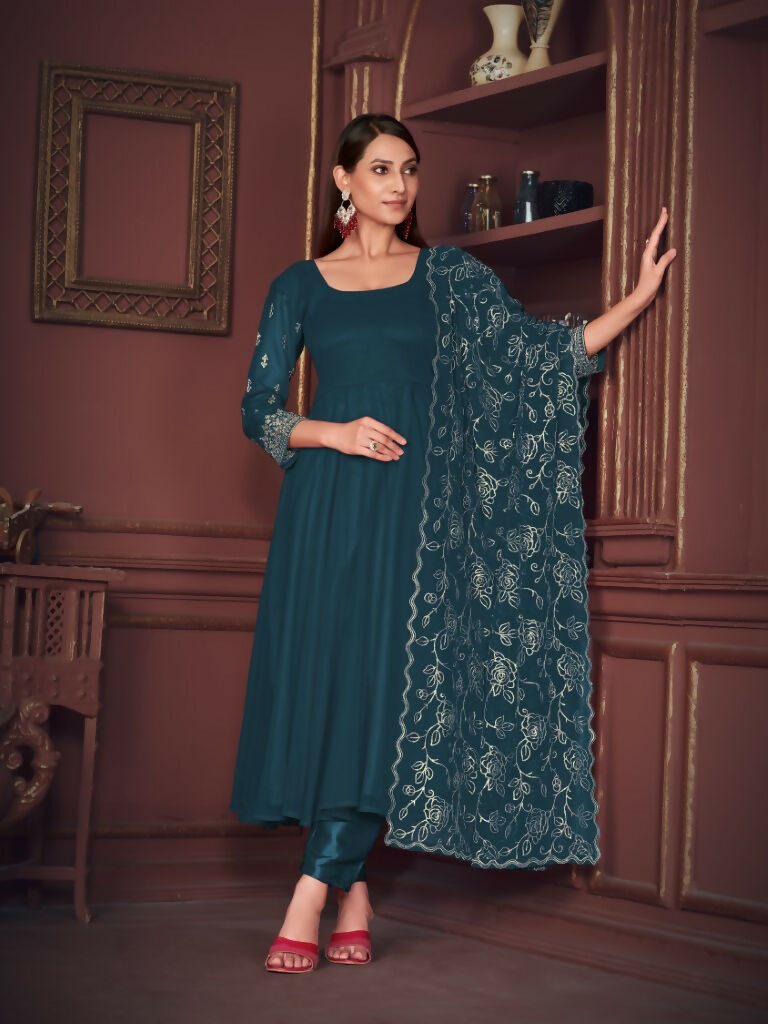Jyoti Fashion Women's Rama Georgette Embroidered Anarkali Kurta Pant Set With Dupatta