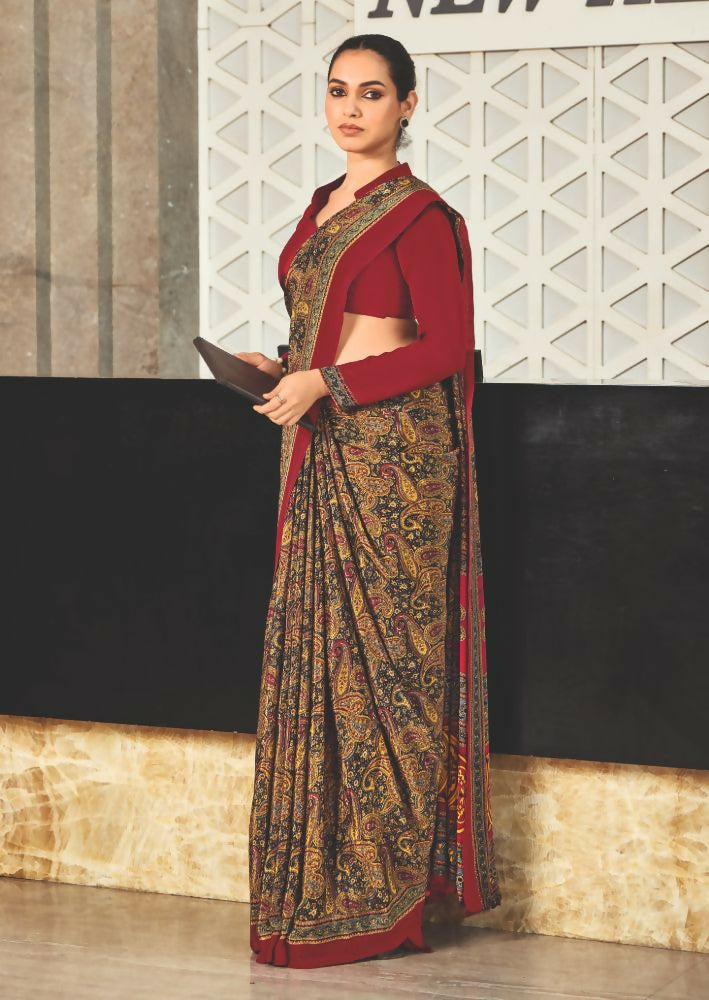 Mustard Crepe Silk Saree with Traditional Print for Party Wear