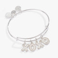 Silver expandable wire bangle with white Mother of Pearl XOXO charms