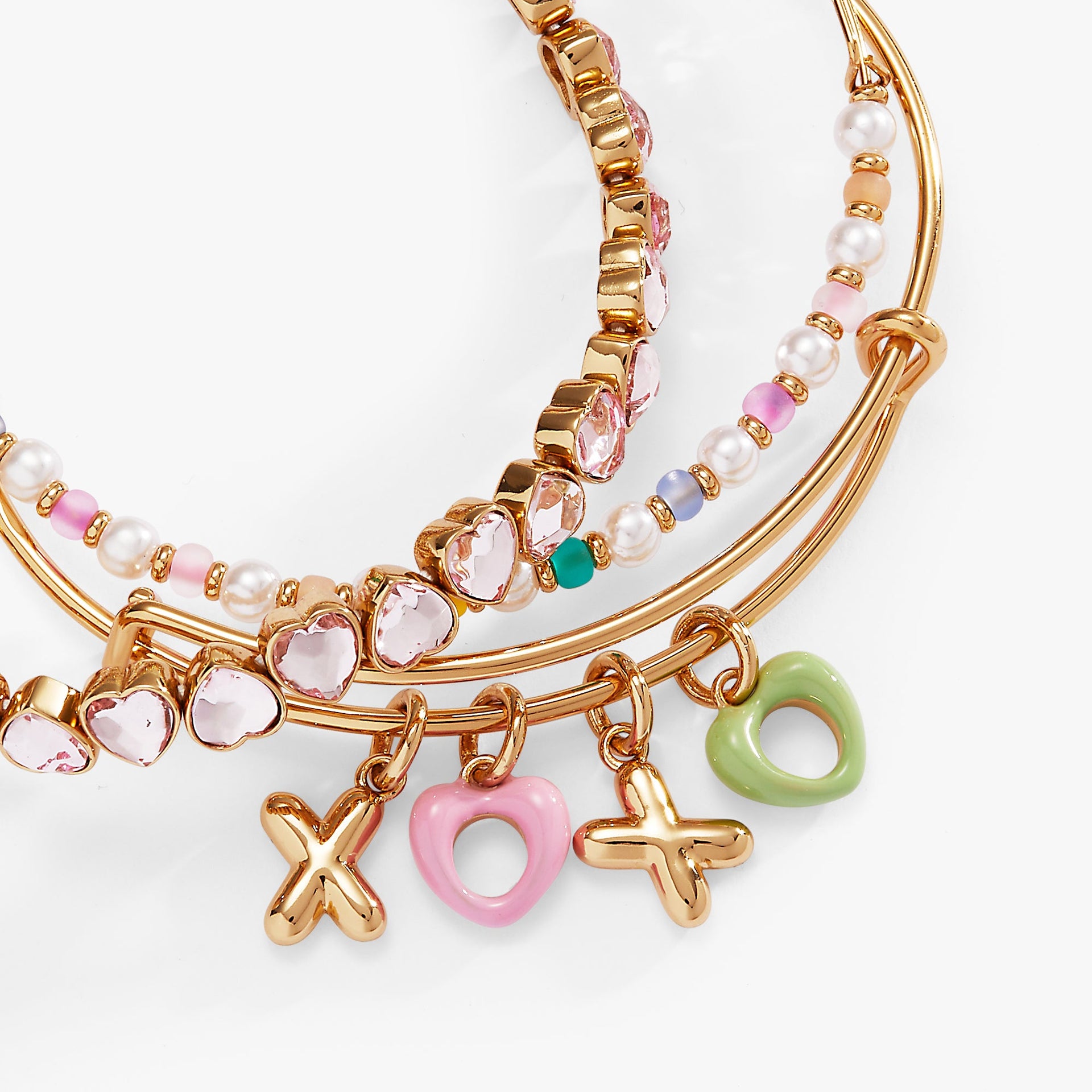 XOXO Bracelet Set of 3 with Crystal Hearts and Multicolor Beads