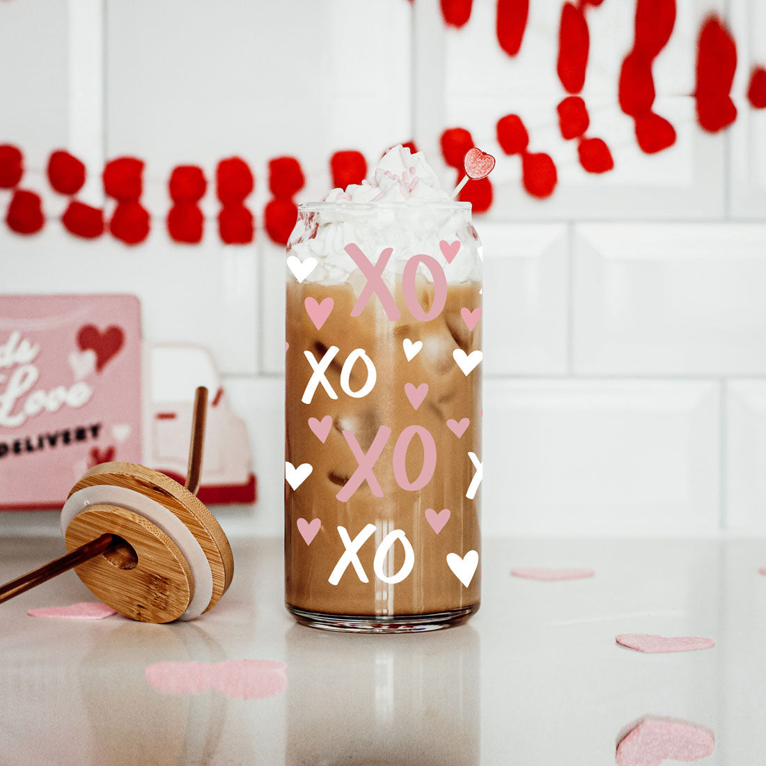XOXO Glass Can Cup 20oz with Bamboo Lid and Glass Straw - Image 5