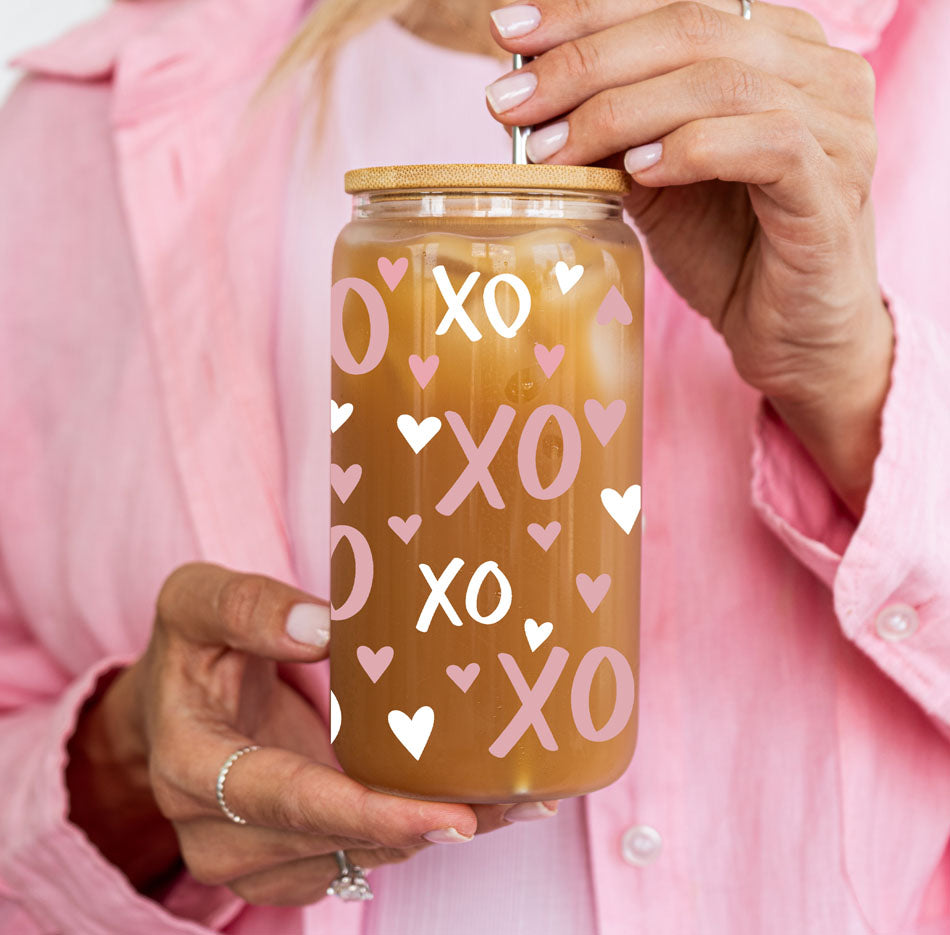 XOXO Glass Can Cup 20oz with Bamboo Lid and Glass Straw - Image 6