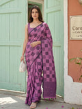 Elegant purple linen cotton saree with matching blouse piece