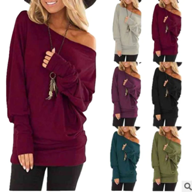 Women's Burgundy Off-Shoulder Long Sleeve Soft Knit T-Shirt - Image 34