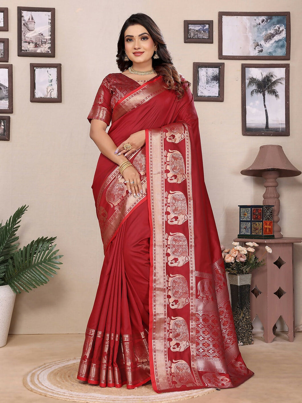 Elegant red solid Banarasi silk saree with detailed brocade texture and matching unstitched blouse piece