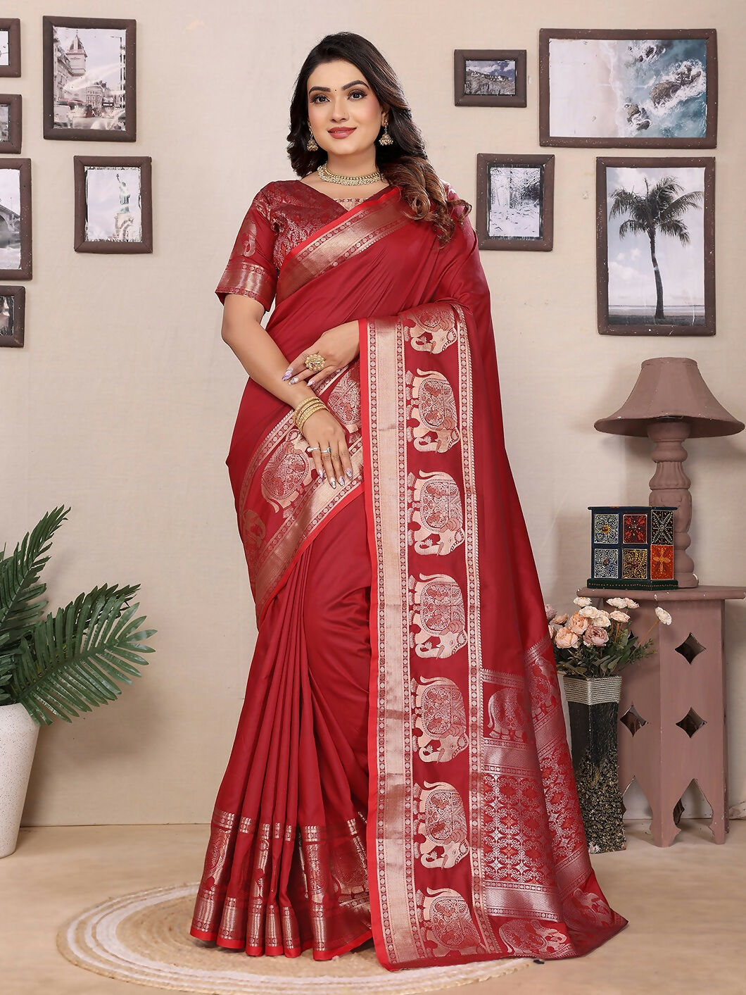 Elegant red solid Banarasi silk saree with detailed brocade texture and matching unstitched blouse piece