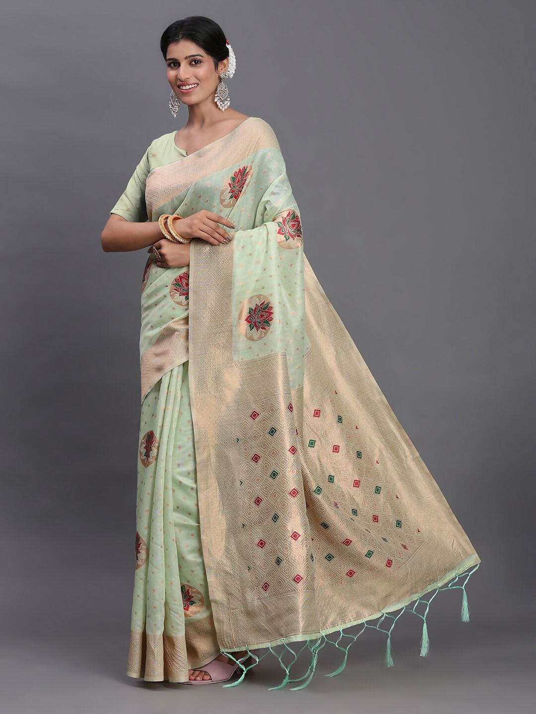 Light Green Linen Cotton Saree with Matching Blouse